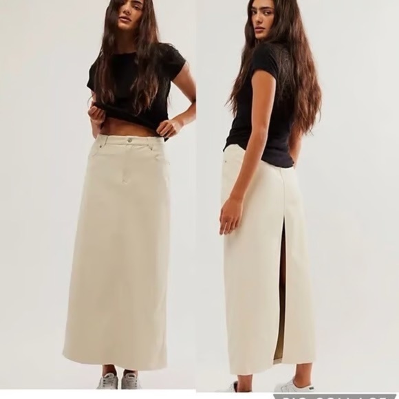 NWT Free People City Slicker Vegan Maxi Skirt Ivory Pleather Size 8 - Picture 1 of 16